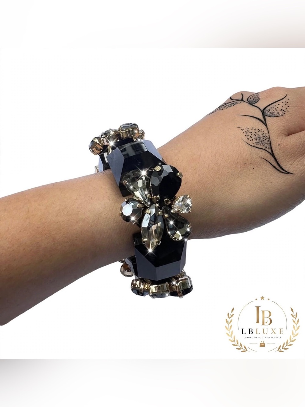 NWT ZENZII Black & Gold Rhinestone Chunky Stretch Statement Bracelet